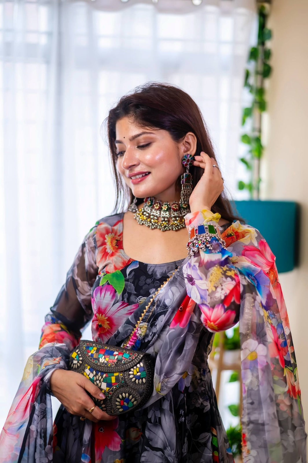 Organza Silk Printed Anarkali Gown Set