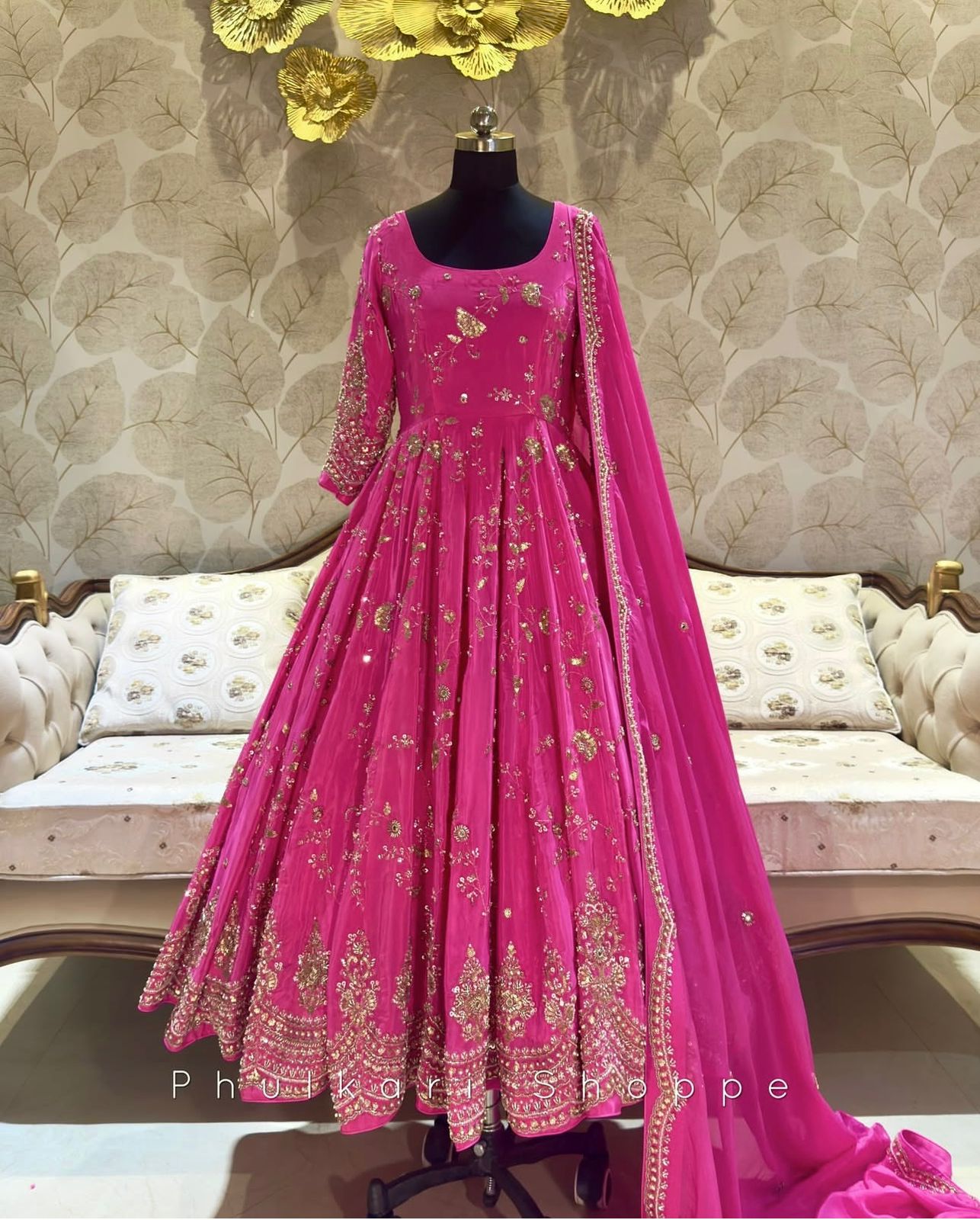 Chinon Silk Pink Long Anarkali Suit for Women