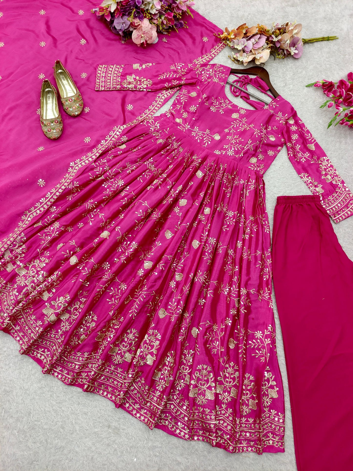 Chinon Silk Pink Long Anarkali Suit for Women