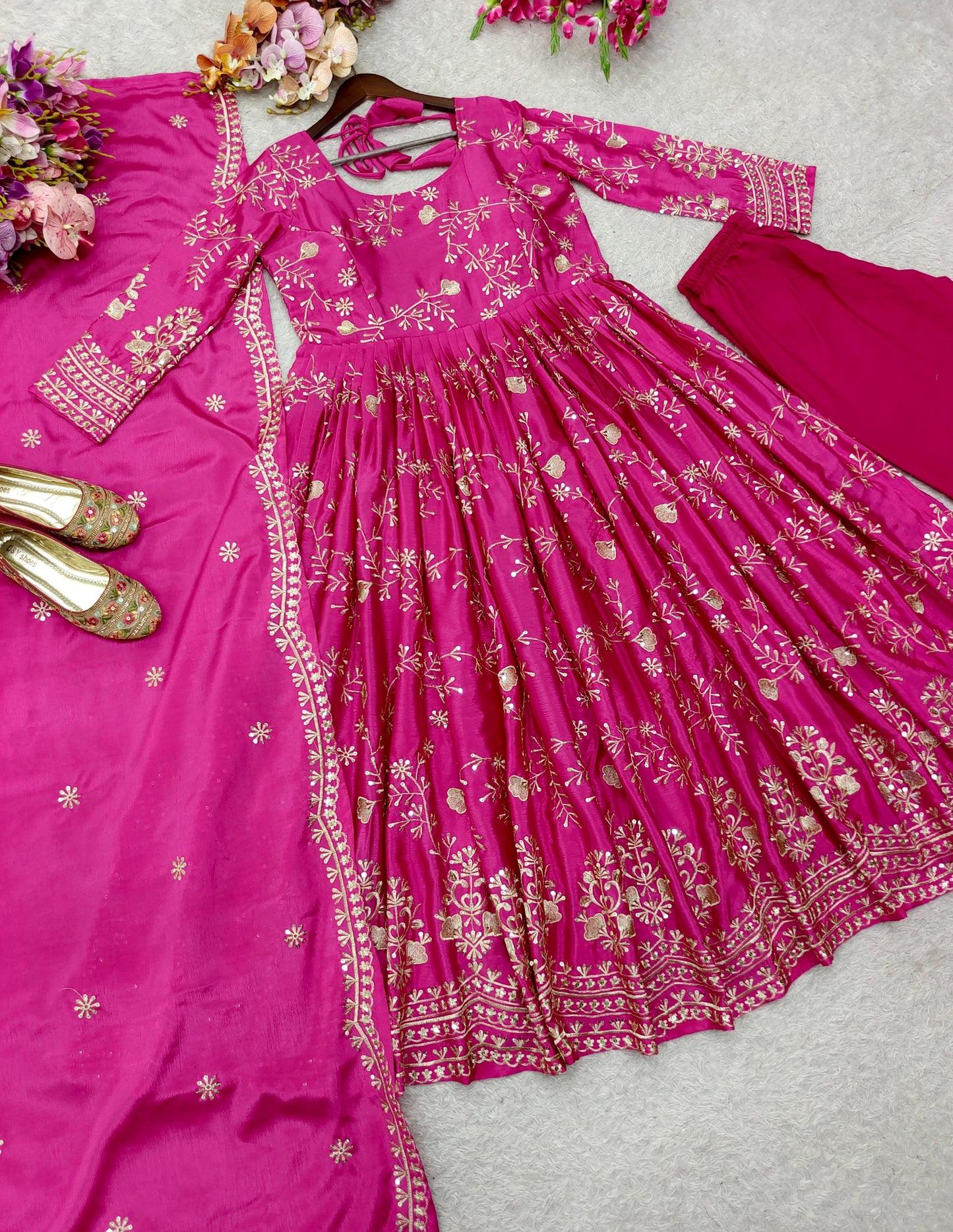 Chinon Silk Pink Long Anarkali Suit for Women