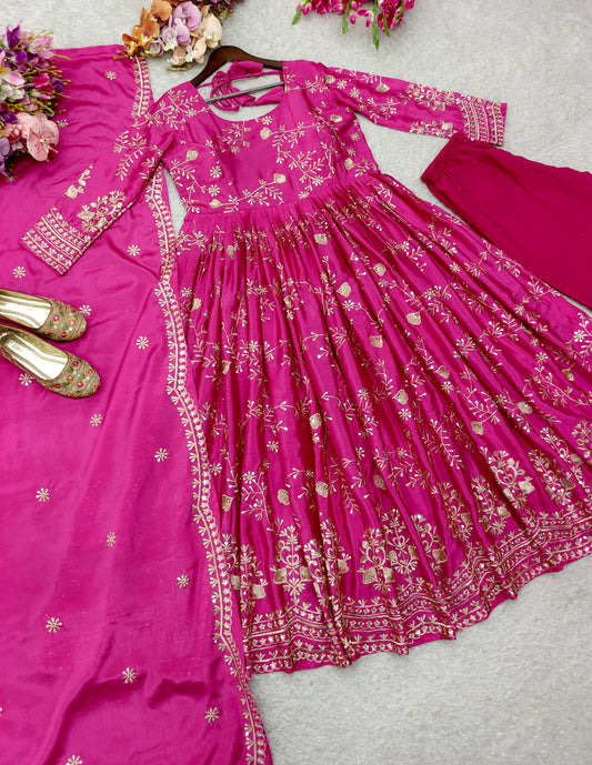 Chinon Silk Pink Long Anarkali Suit for Women