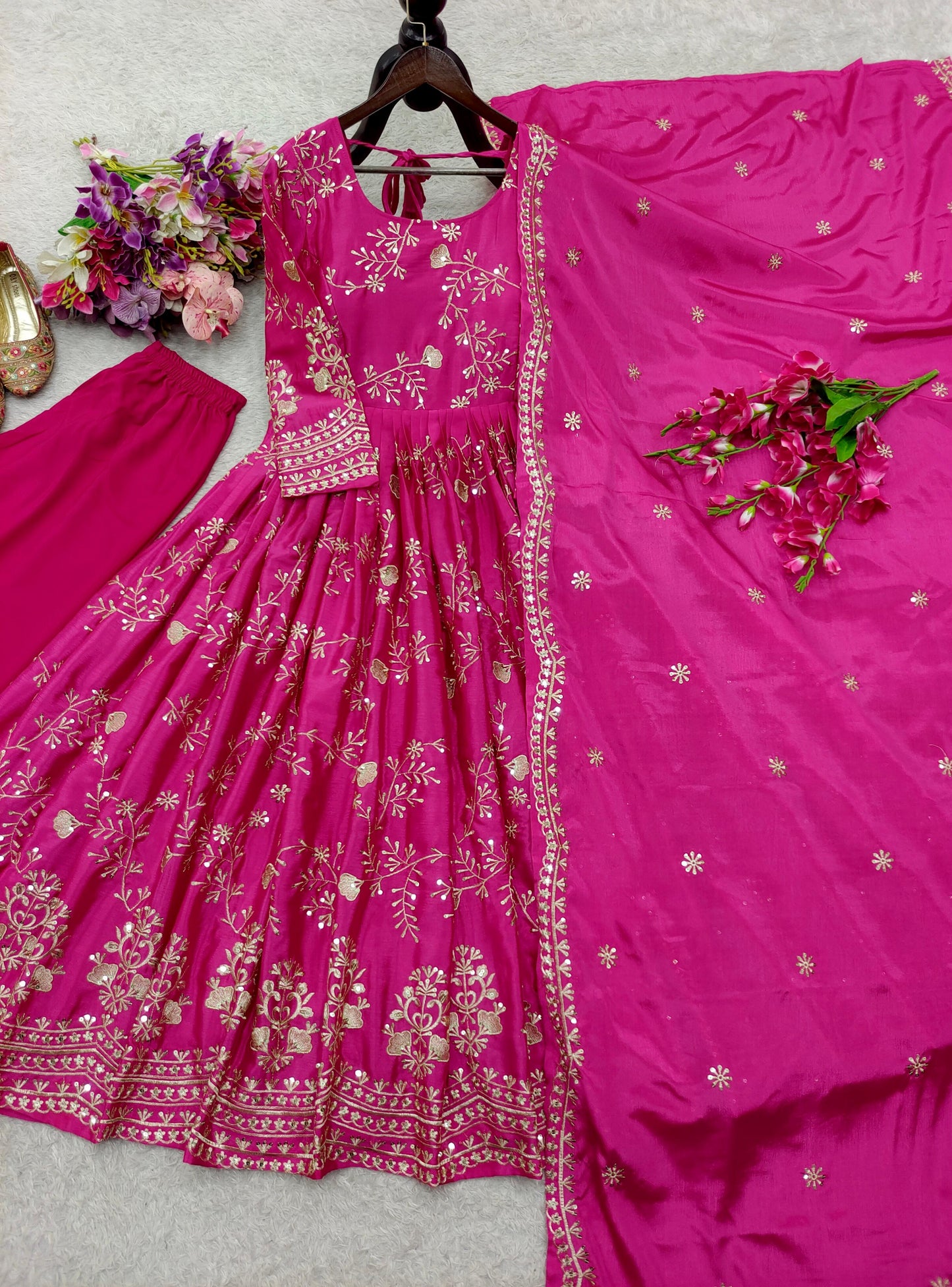Chinon Silk Pink Long Anarkali Suit for Women