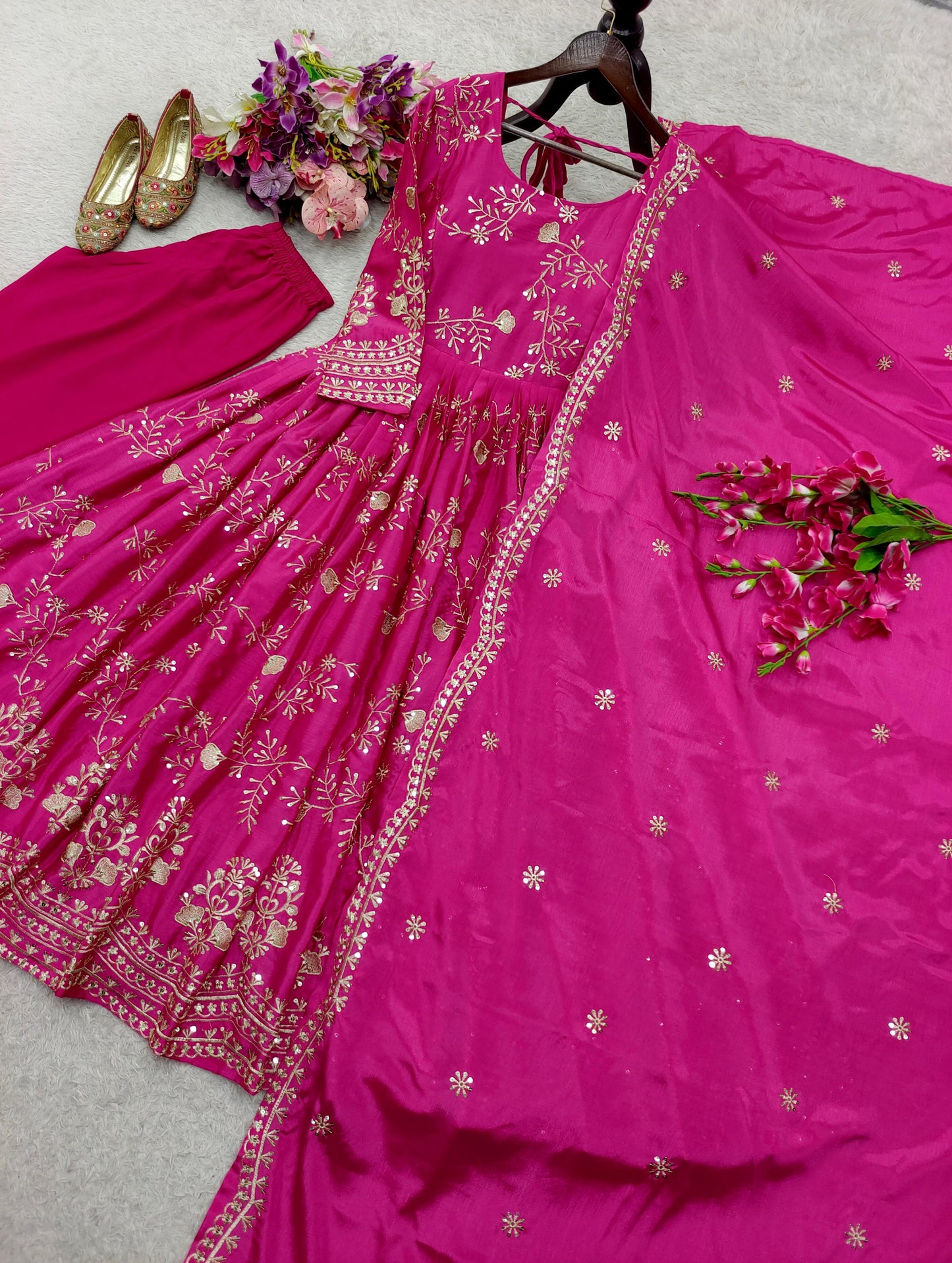 Chinon Silk Pink Long Anarkali Suit for Women