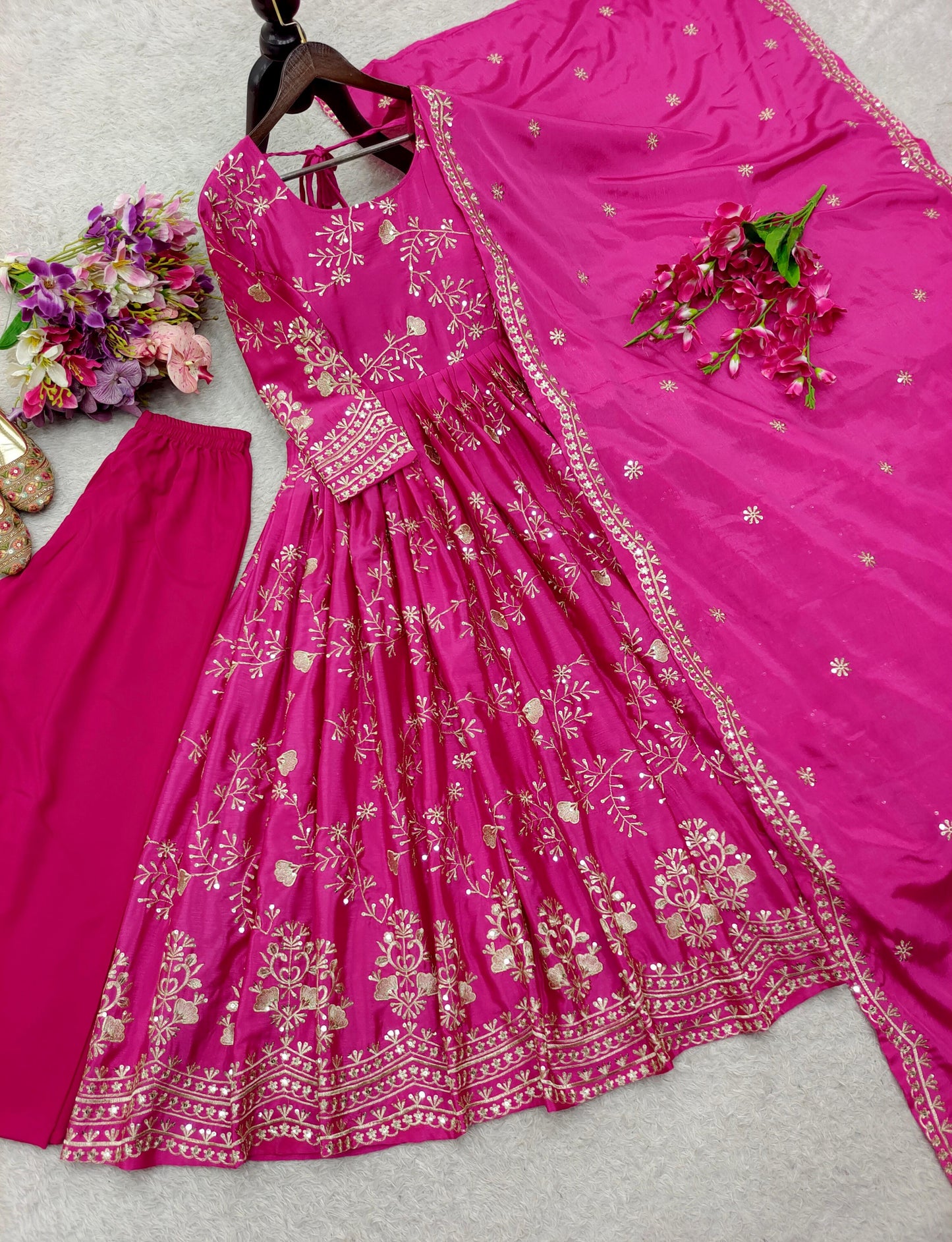 Chinon Silk Pink Long Anarkali Suit for Women