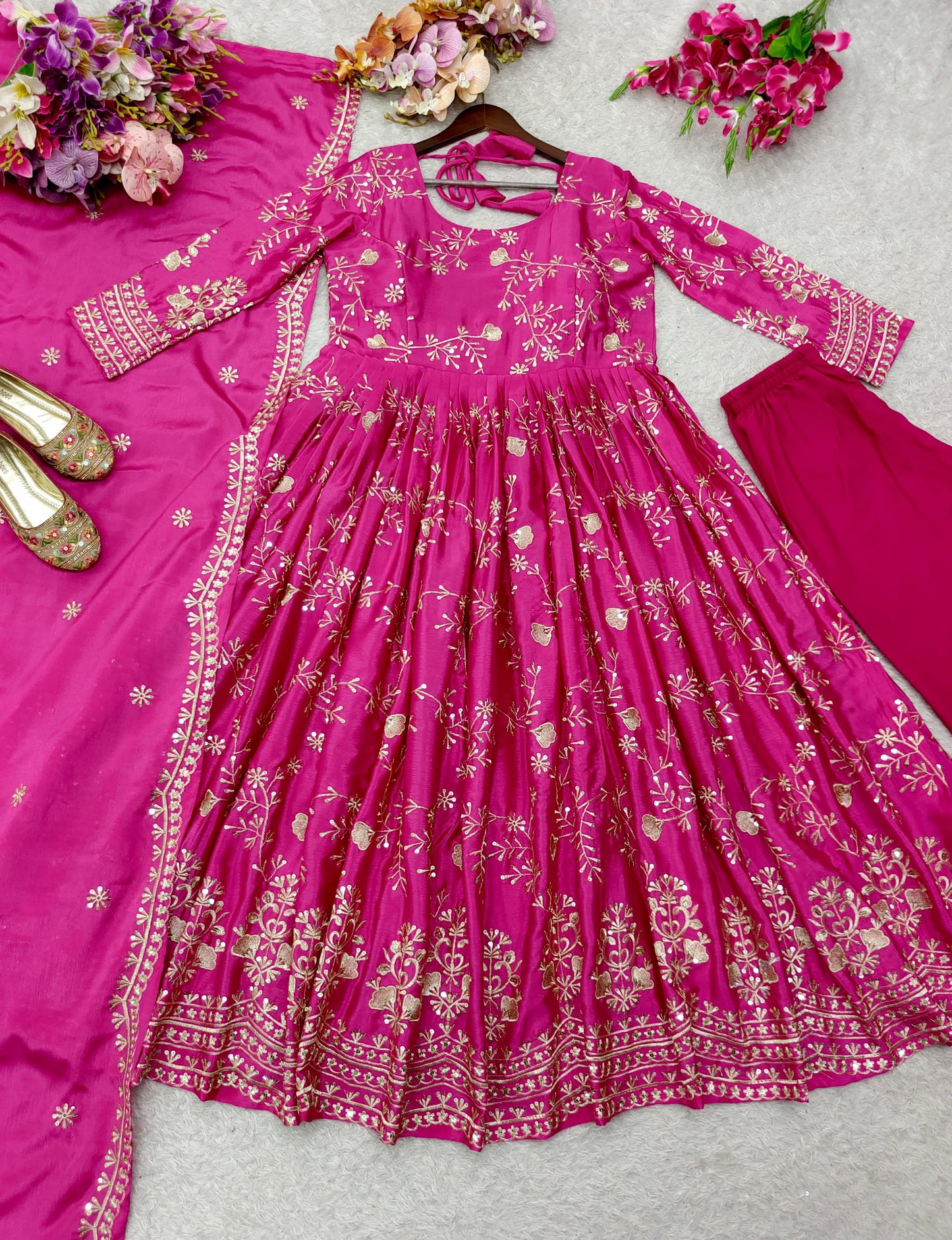 Chinon Silk Pink Long Anarkali Suit for Women