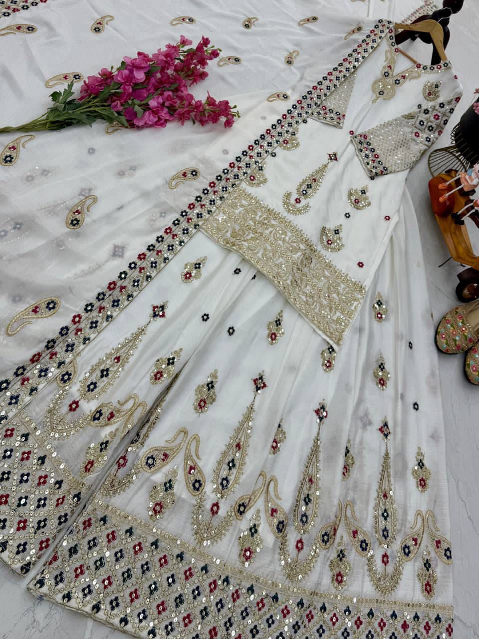 Premium Chinon Silk Embroidered Sharara suit