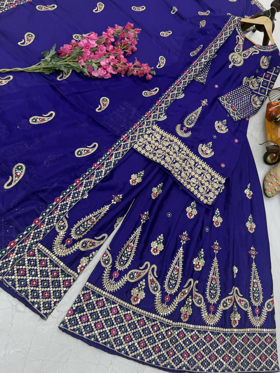 Premium Chinon Silk Embroidered Sharara suit