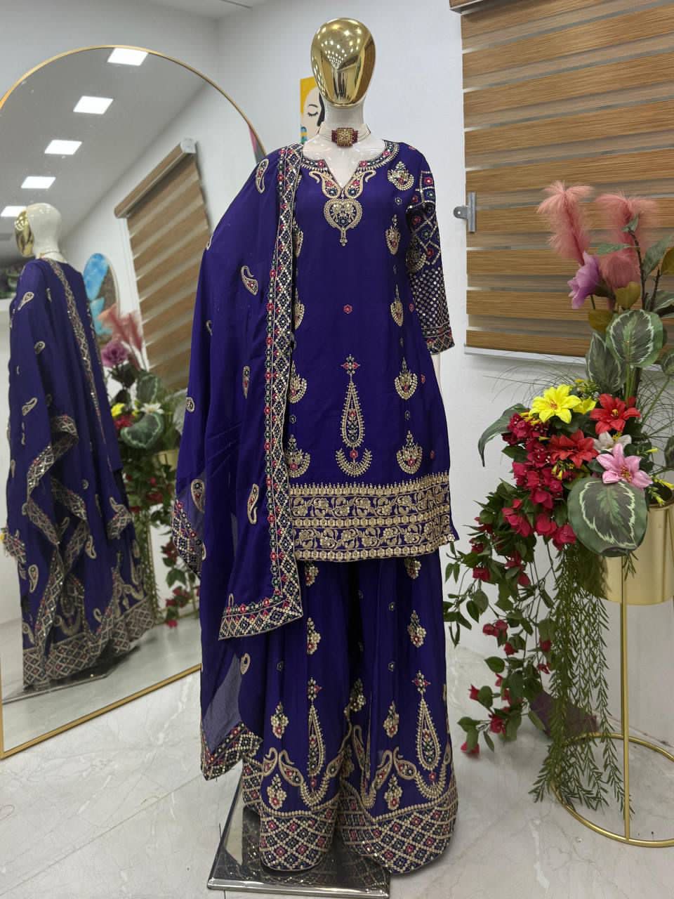 Premium Chinon Silk Embroidered Sharara suit