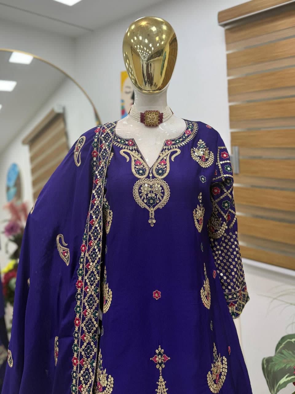 Premium Chinon Silk Embroidered Sharara suit