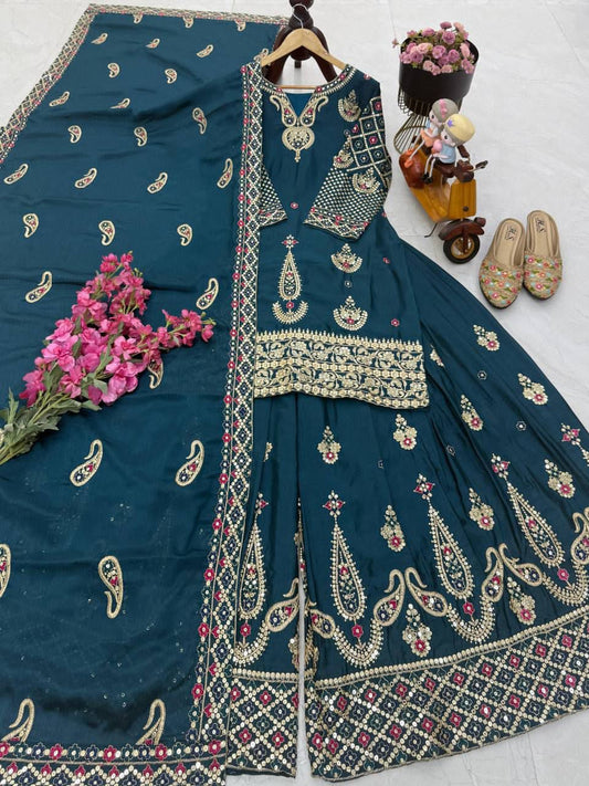 Premium Chinon Silk Embroidered Sharara suit