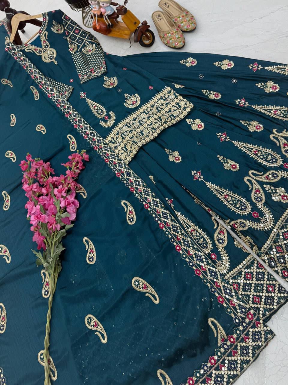 Premium Chinon Silk Embroidered Sharara suit