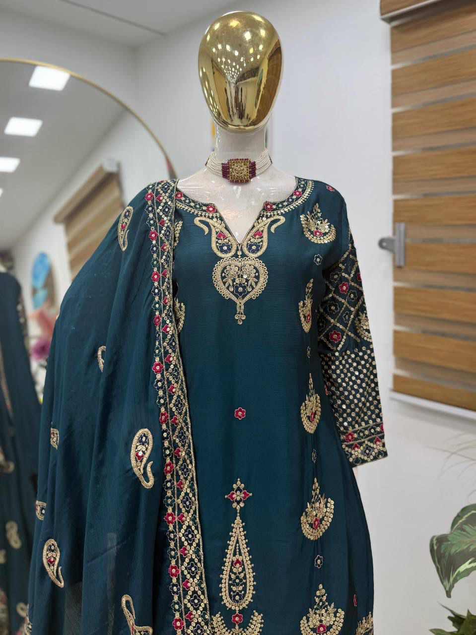 Premium Chinon Silk Embroidered Sharara suit