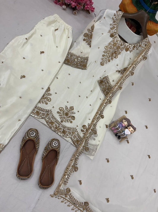 White Chinon Silk Kurti Palazzo Suit