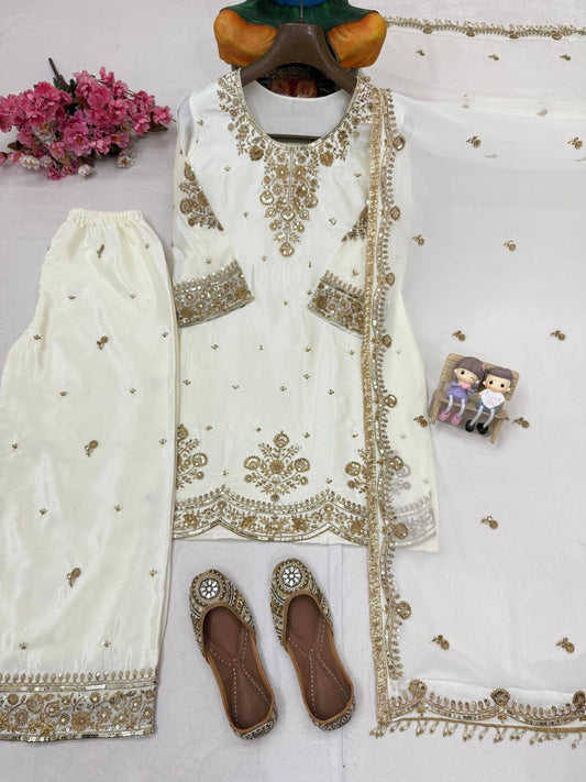 White Chinon Silk Kurti Palazzo Suit