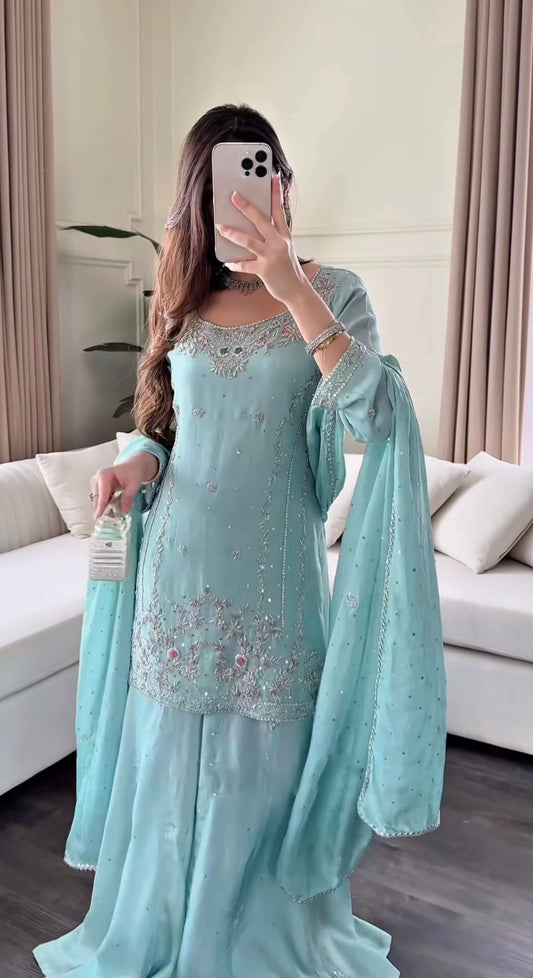 Partywear Special Launch Kurti Palazzo Dupatta Set