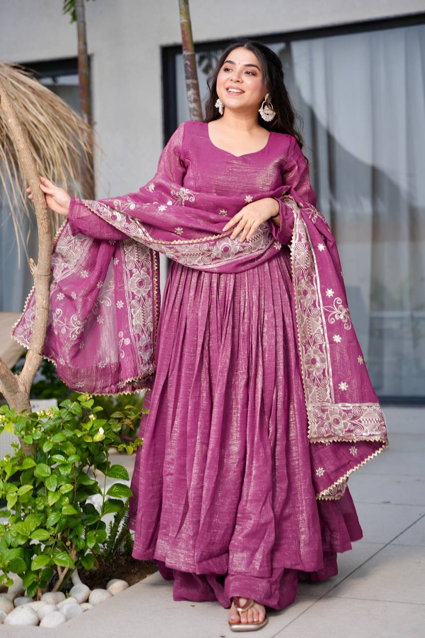 Heavy Designer Solid Long Gown Palazzo Dupatta Set