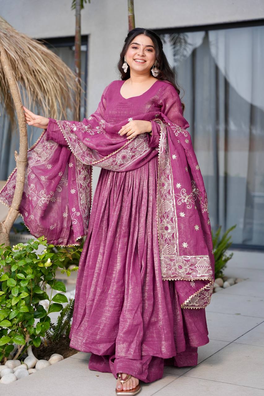 Heavy Designer Solid Long Gown Palazzo Dupatta Set