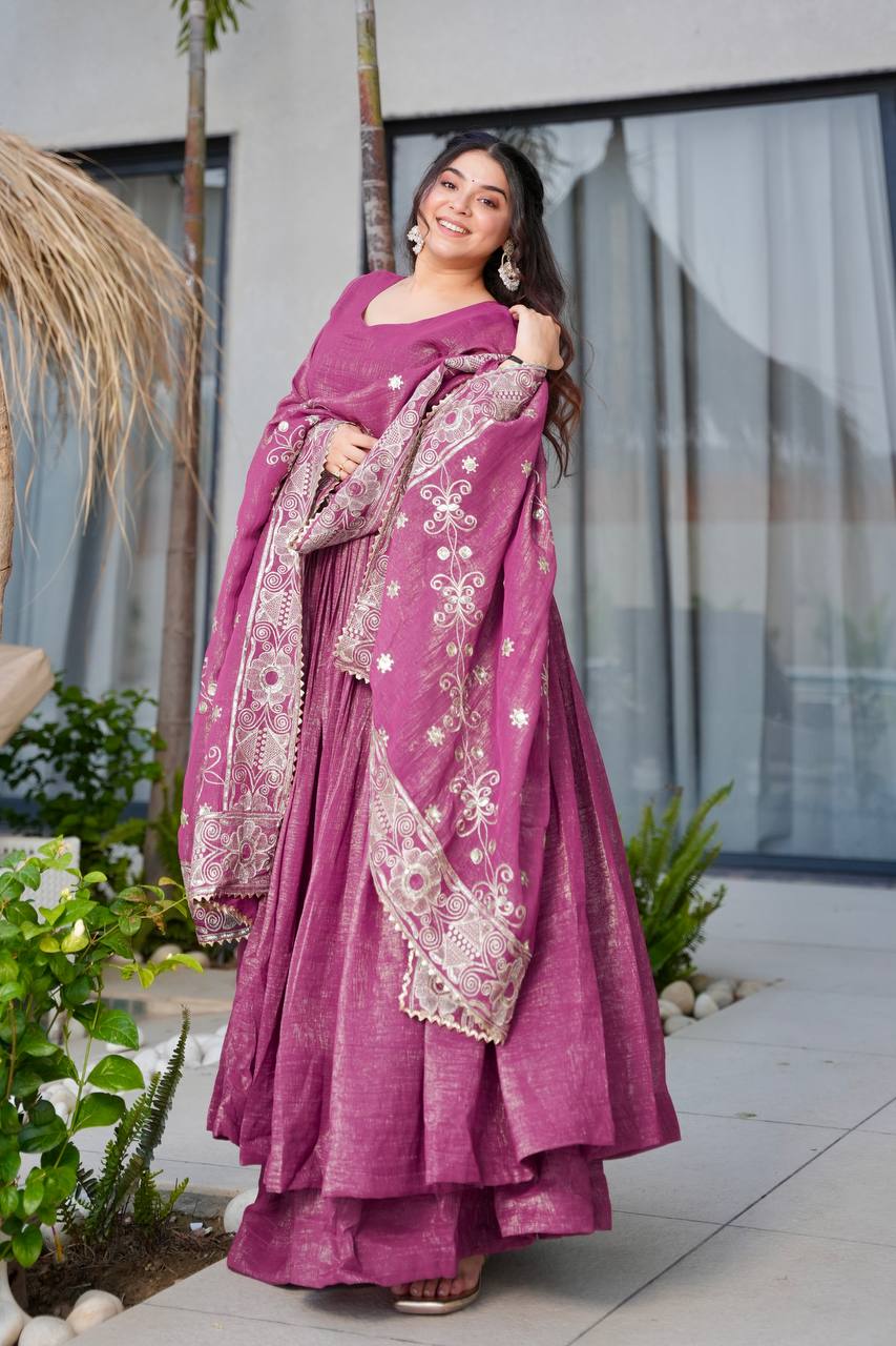 Heavy Designer Solid Long Gown Palazzo Dupatta Set