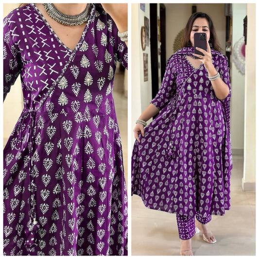 purple anarkali gown,purple angrakha kurti,cotton anarkali kurti,sanganeri print kurti,traditional angrakha dress,anarkali kurti set,jaipuri print gown,purple ethnic gown,block print anarkali,adda work kurti,flared cotton gown,kurti with dupatta set,ethnic wear for women,purple festive dress,boho indian kurti,long flare kurti set,desi angrakha kurti,anarkali with side tie up,women cotton suit set,printed gown style kurti,3 piece anarkali set,purple kurti pant set,sleeve 3/4 kurti,purple traditional wear,cas