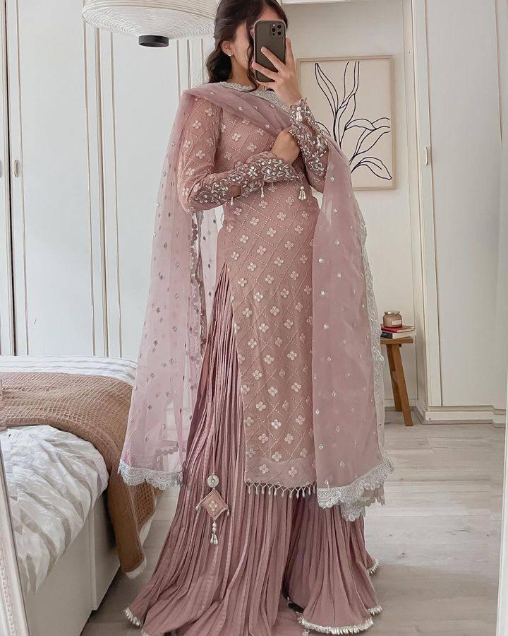 Real Mirror Work Long kurt Palazzo wit Dupatta Set