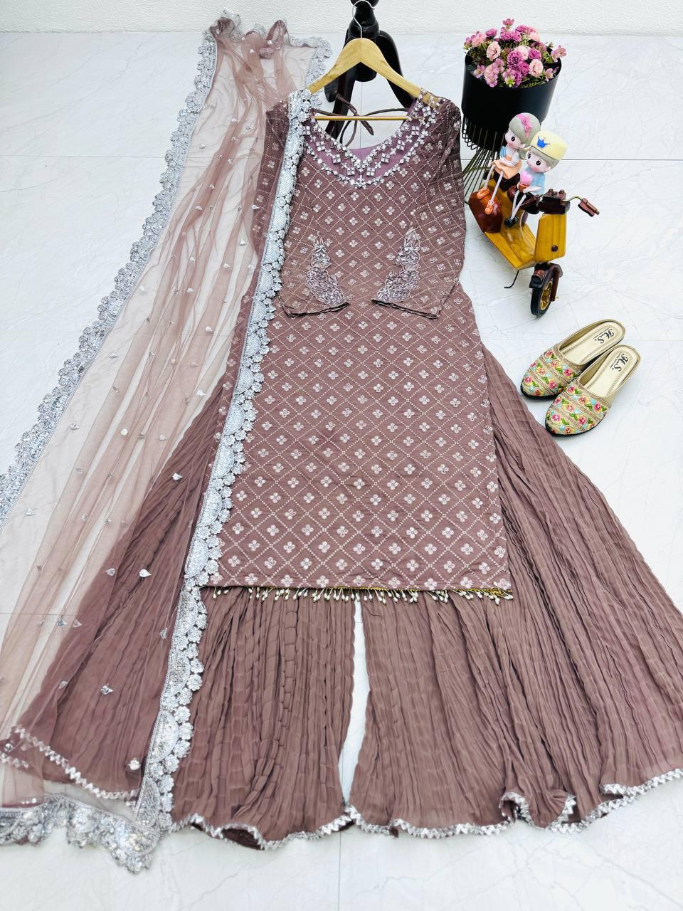 Real Mirror Work Long kurt Palazzo wit Dupatta Set