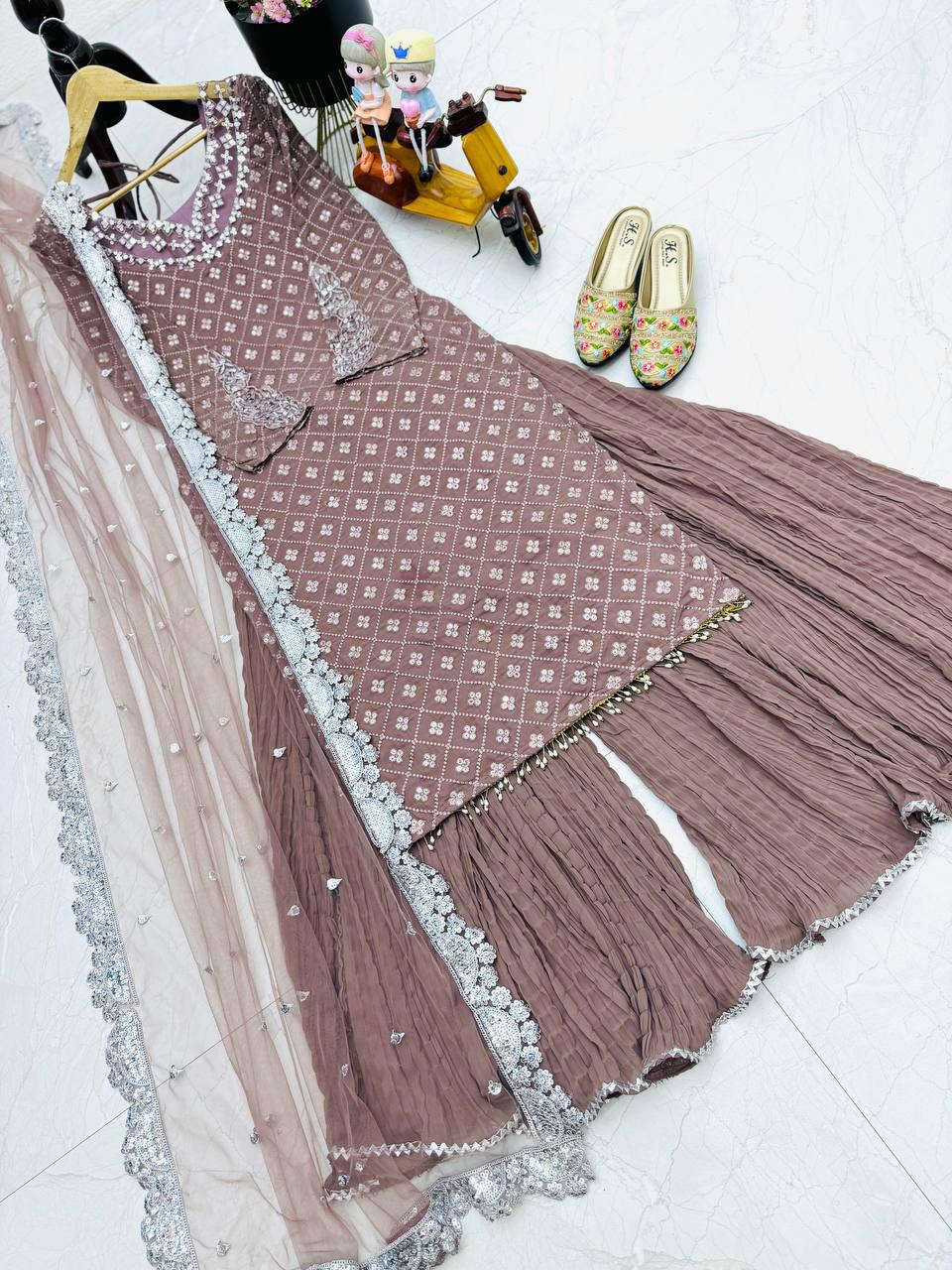 Real Mirror Work Long kurt Palazzo wit Dupatta Set