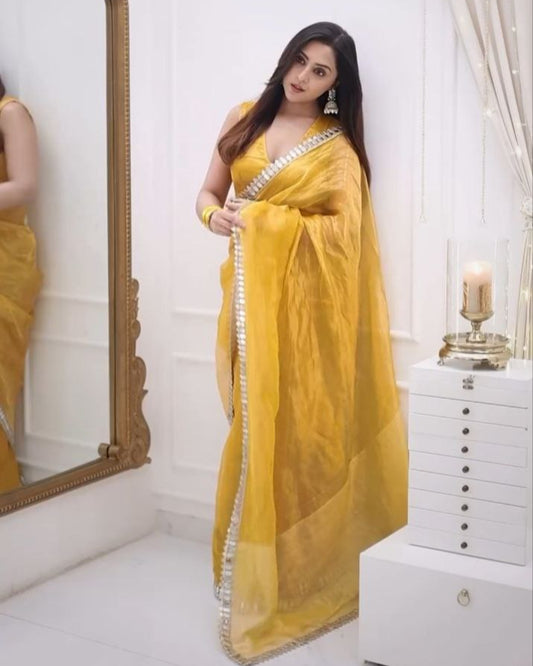 Ready to Wear Gold Crush Saree with Mirror Border Work