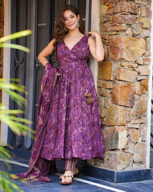 Floral Printed Long Anarkali Gown Set