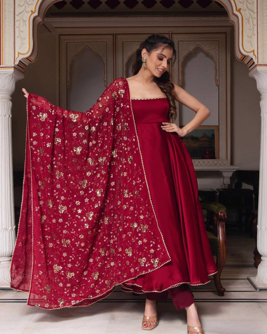 Solid Georgette Red Anarkali Gown Set