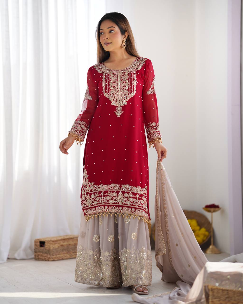 Red Sharara for wedding,
Designer Red Sharara set,
Red Sharara with dupatta,
Bridal Red Sharara dress,
Party wear Red Sharara,
Heavy embroidery Red Sharara,
Red Sharara suit for bride,
Traditional Red Sharara outfit,
Festive Red Sharara collection,
Red Sharara with mirror work,
Red Sharara with gota patti,
Red Sharara Pakistani style,
Red Sharara for haldi and mehndi,
Red Sharara with zari work,
Red Sharara online shopping,