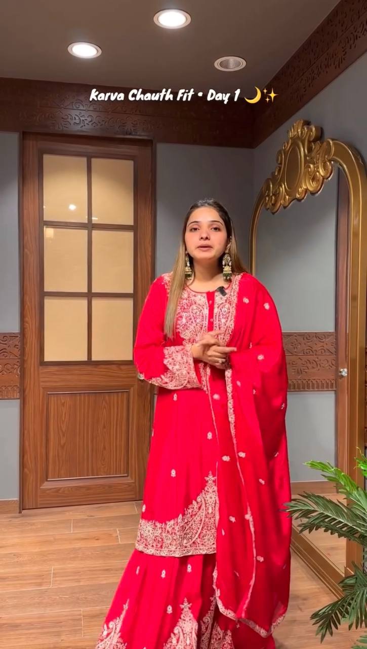 Heavy Embroidered Red Sharara Suit