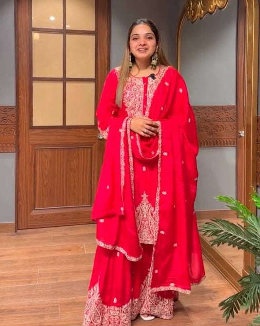 Heavy Embroidered Red Sharara Suit