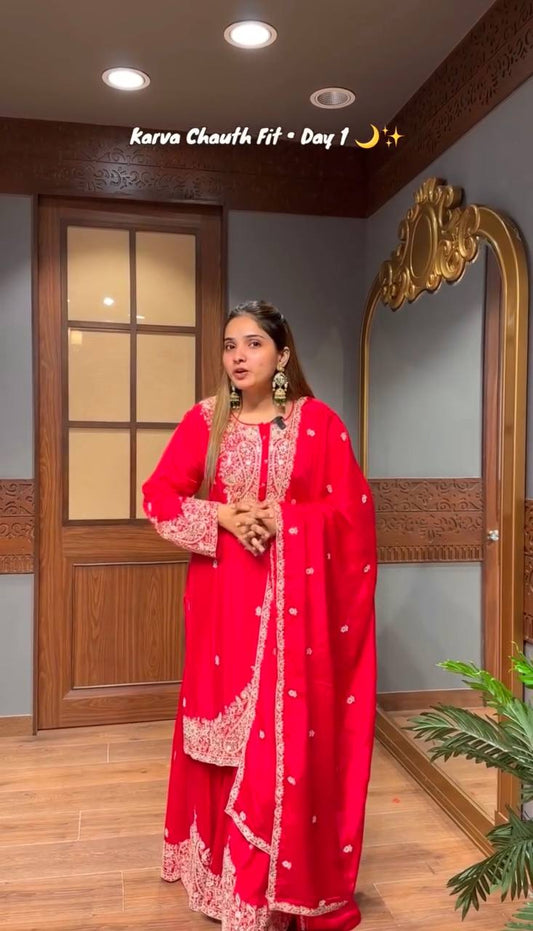 Heavy Embroidered Red Sharara Suit
