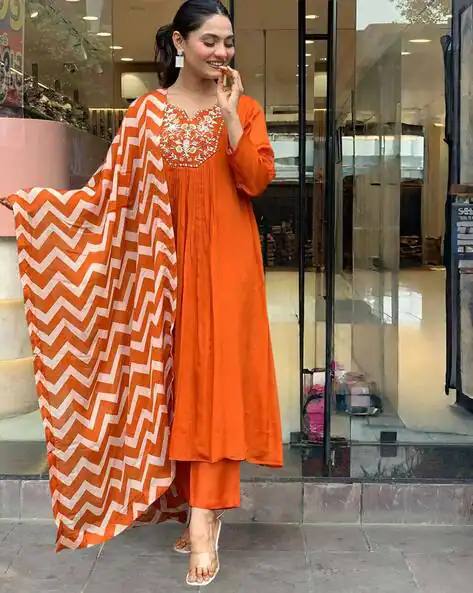 Chevron Printed Cotton Salwar Kameez with Dupatta