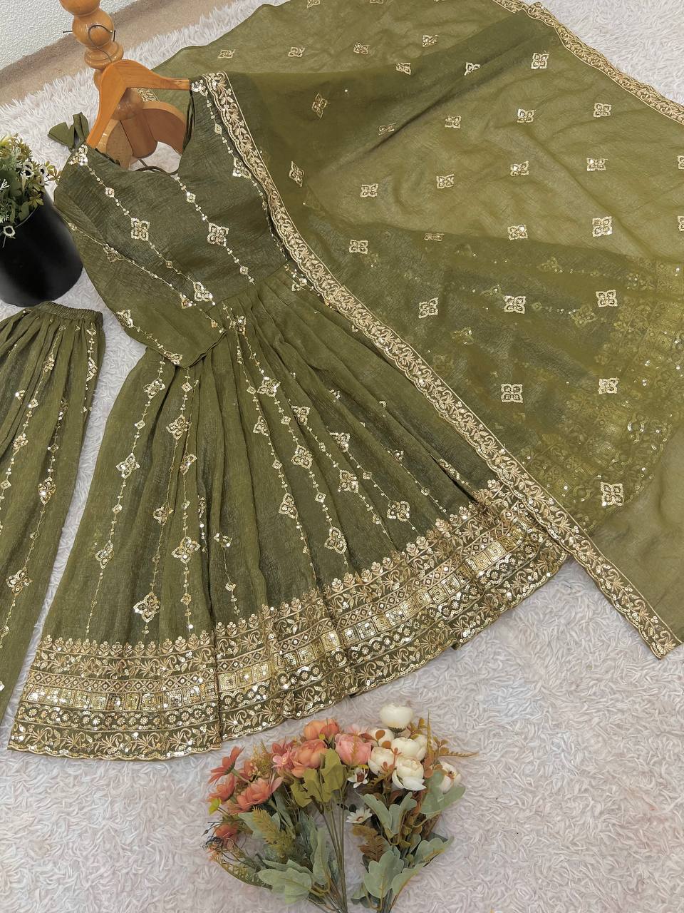 Premium Crunchy Silk Long Flared Anarkali Suit