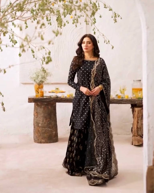 Faux Georgette Sharara Set, Embroidered Sharara Plazzo, Heavy Sequence Work Dress, Party Wear Suit for Women, Ready to Wear Ethnic Set, Georgette Dupatta with Lace, Designer Indian Outfit 2025, Full Sleeve Kurti Set, Fancy Sharara Dress for Wedding, Traditional Sharara Set, Flared Plazzo Suit, Micro Cotton Inner Suit, Elegant Festive Wear, Heavy Embroidery Ethnic Set, Readymade Suit for Women