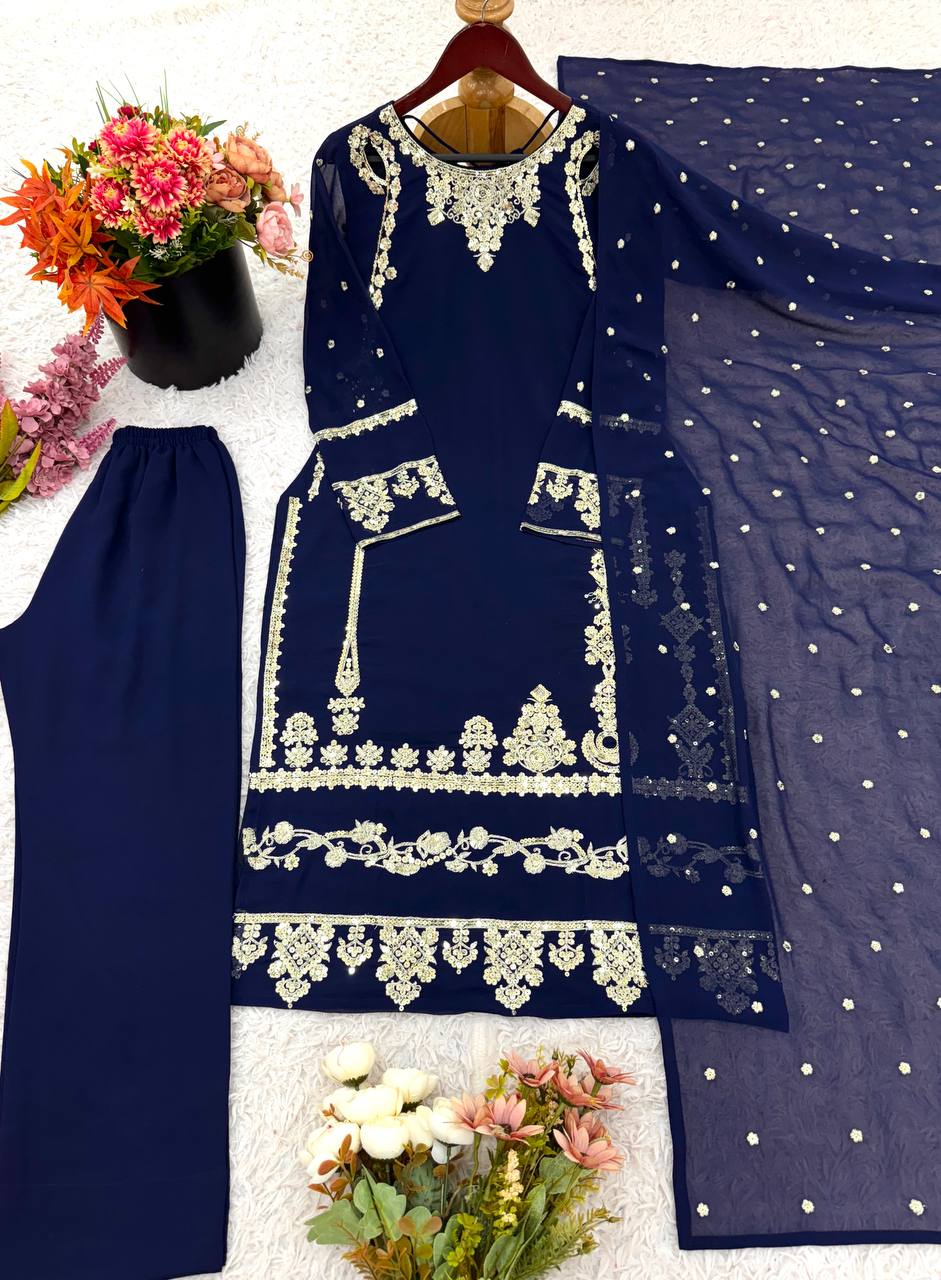 Embroidered Sequin work Blue Kurti Set