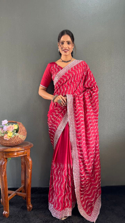 Indian Chinnon Silk Saree with Embroidery Designer Look