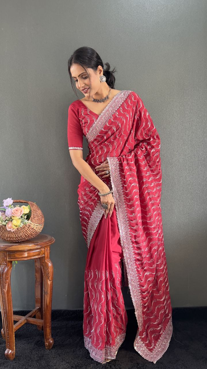 Indian Chinnon Silk Saree with Embroidery Designer Look