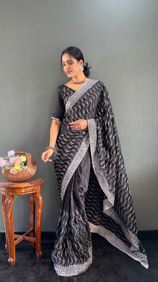 Premium Chinnon Silk Saree with Embroidery Designer Look