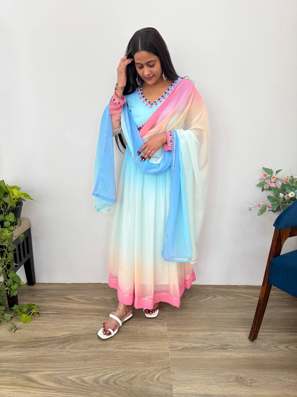 Multi Color Long Anarkali Flared Gown Set
