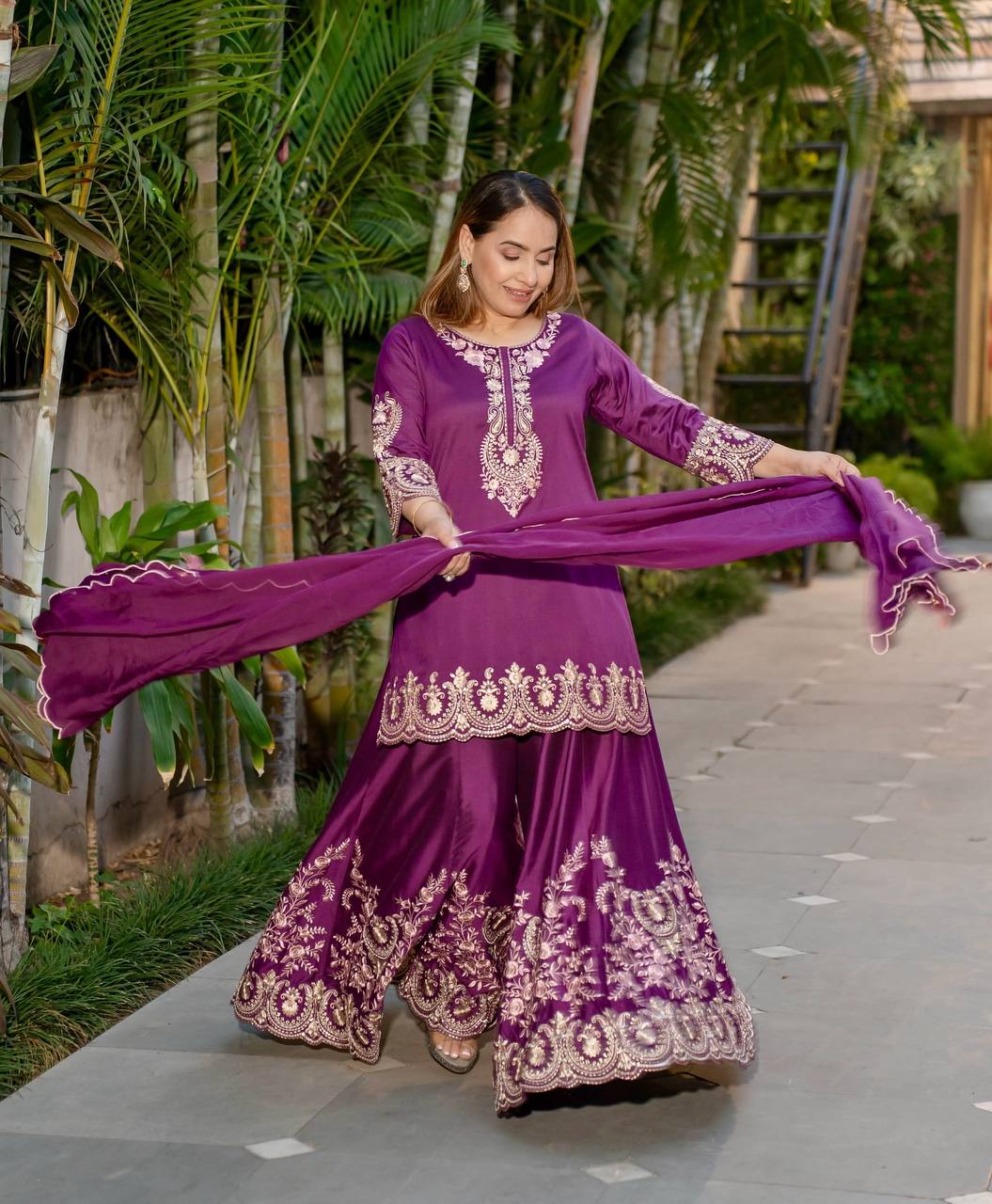 French Crepe Sharara Set, Embroidered Sharara Plazzo, Heavy Work Kurti Set, Designer Sharara Dress, Fully Flared Plazzo Suit, Ready to Wear Ethnic Set, Heavy Embroidery Sequence Suit, Stylish Party Wear Suit, Full Sleeve Kurti Design, Elegant Dupatta Suit Set, Fancy Sharara Dress 2025, Indian Traditional Outfit, Micro Cotton Inner Suit, Latest Ethnic Wear for Women, Wedding Wear Sharara Suit