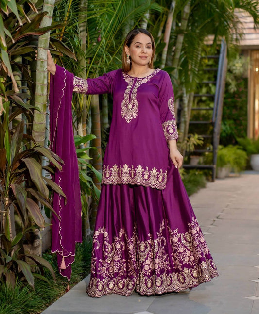 Elegant Silk Sharara Kurti Set with Dupatta Traditional Outfit