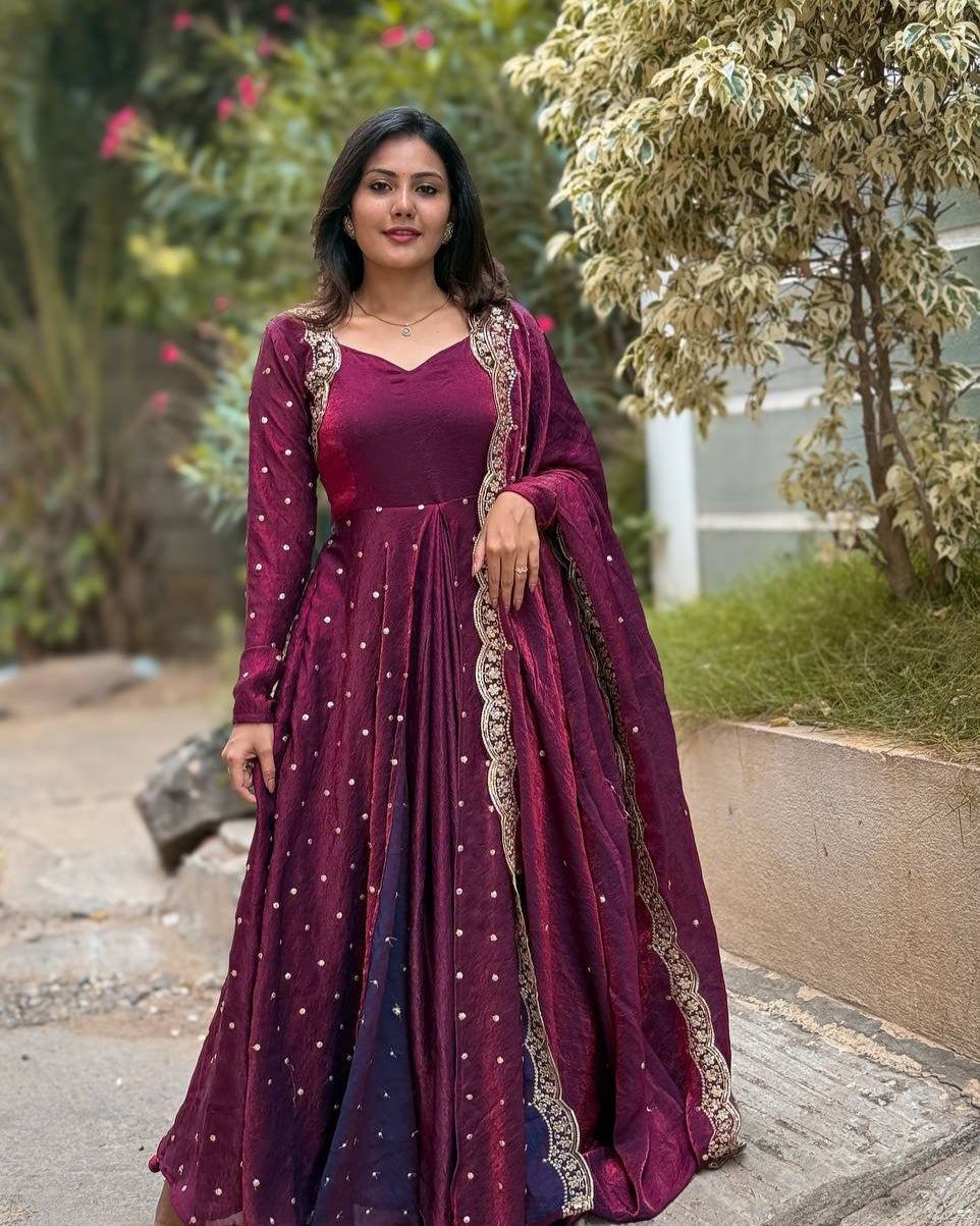 Fandy Silk Gown Set, Embroidered Gown Dress, Fully Stitched Party Gown, Indian Gown with Dupatta, Sequence Work Gown Design, Festive Wear Gown, Designer Silk Gown for Women, Long Gown with Flair, Ethnic Gown Set 2025, Readymade Gown Outfit, Micro Cotton Lined Gown, Heavy Work Gown Dress, Stylish Gown for Wedding, Elegant Indian Gown Set, Fancy Silk Gown for Women,