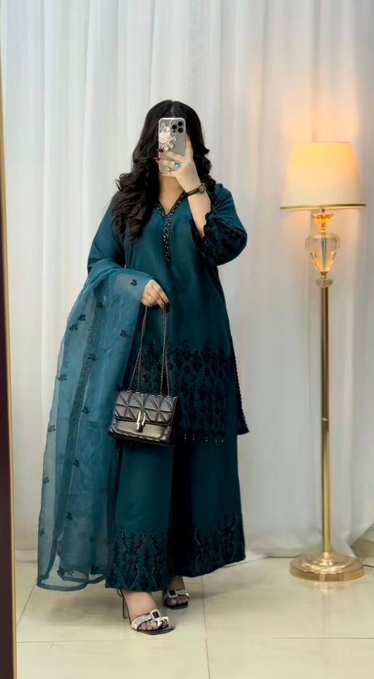 Long Ethnic Green straight Kurti Set