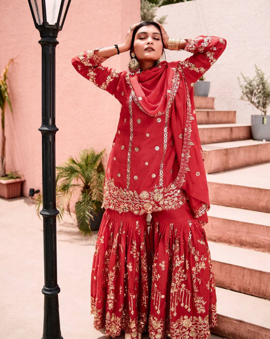 Elegant Heavy Red Designer Sharara Suit