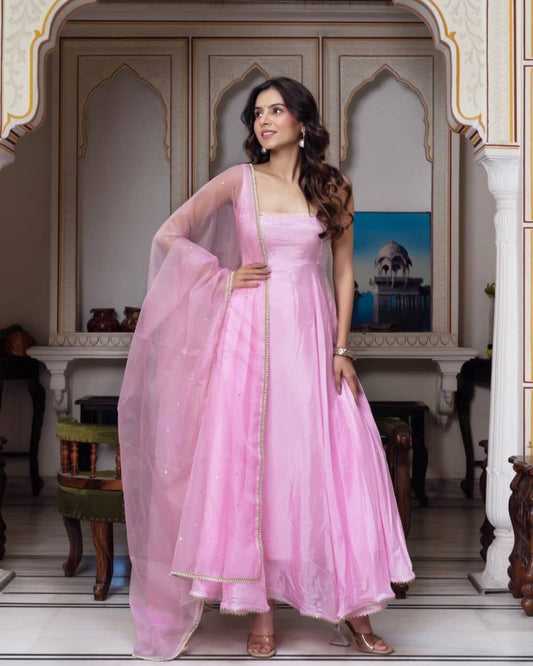 Beautiful Pink Long Flared Anarkali Suit