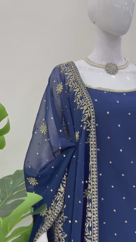 Premium Sequence Work Blue Sharara Suit